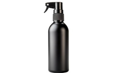 A black bottle with a sprayer releasing a mist of liquid