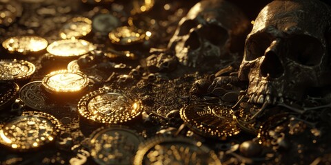 Cursed gold coins texture, shimmering with an unnatural glow amid ancient coins and skeletal remains, symbolizing greed and betrayal created with Generative AI Technology - obrazy, fototapety, plakaty