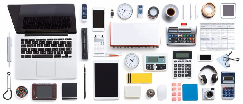 Isolated business desktop objects on white background: laptop, tablet, smartphone, calculator USB stick, paperwork; top view