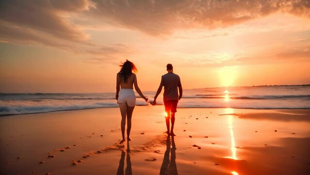 Couple holding hands and looking at sunset on the beach. Man and woman holding hands, A beautiful couple enjoying a scenic sunset on the beach, AI Generated