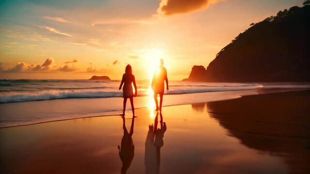 Young couple walking on the beach at beautiful sunset. Romantic love concept, A beautiful couple enjoying a scenic sunset on the beach, AI Generated