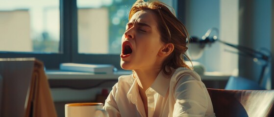 A tired woman yawning, working at an office desk while holding a cup of coffee, overworking and sleep deprivation concept. - obrazy, fototapety, plakaty