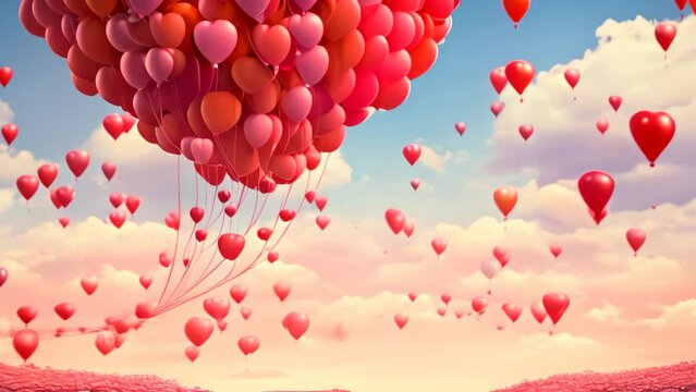 Young woman riding bicycle on road with heart shaped balloons. Valentine's day concept, A bike ride under a sky full of love heart balloons, AI Generated