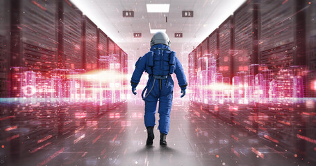Walking Astronaut Explores the High-Tech Server Room with AI. Technology Related 3D CG Animation.