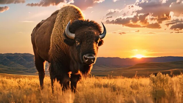 Bison at sunset in Yellowstone National Park, Wyoming, USA, A bison roaming across a grassland plateau during the setting sun, AI Generated