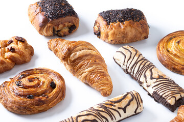 Set of bakery pastries isolated on white background