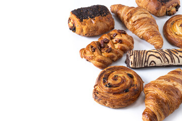 Set of bakery pastries isolated on white background. Copy space