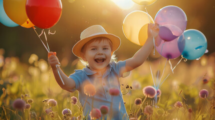A laughing child in a beanie holds colorful balloons in a flower-filled field against a blue sky.