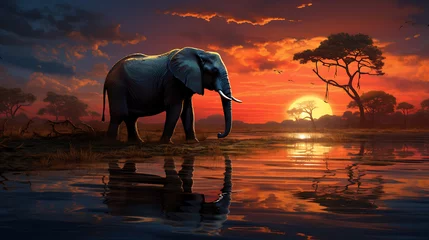 Foto op Canvas elephants at sunset © IYIKON