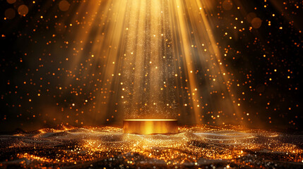 Podium with golden light lamps background with rays and sparks - obrazy, fototapety, plakaty