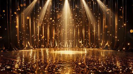 Podium with golden light lamps background with rays and sparks