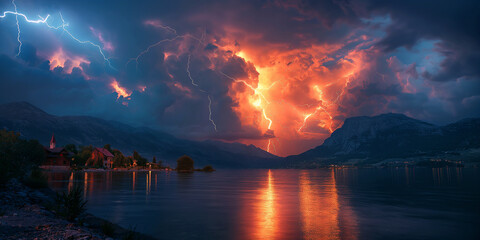panorama with thunderstorms and thunderbolt lightning in night sky in nature in summer over lake with mountains - obrazy, fototapety, plakaty