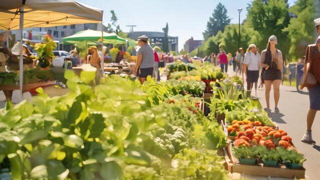 Crowd of people at a local farmers market in the summertime, A bustling organic farmer's market during summer, AI Generated