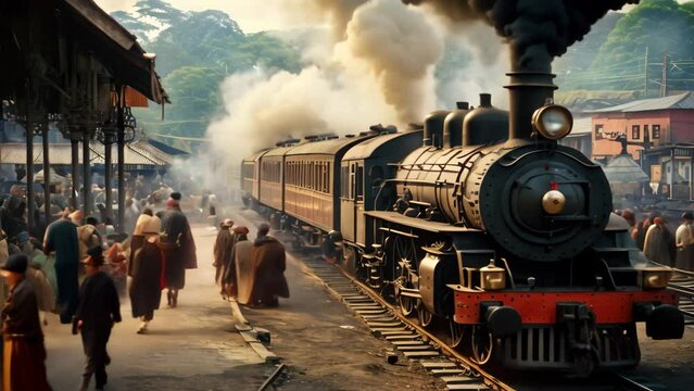 Old steam locomotive in the railway station. India, Tamil Nadu, A bustling railway station in India with a steam engine pulling in, AI Generated