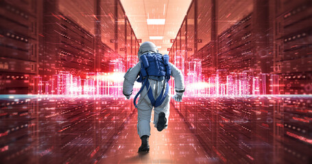 Obraz premium Astronaut Explores AI-Controlled Space Data Center. Technology Related 3D CG Animation.
