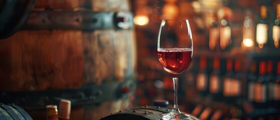 Glasses of wine, barrels of wood, and an excellent collection of red wine bottles in the cellar: a traditional winemaking and wine tasting environment - obrazy, fototapety, plakaty