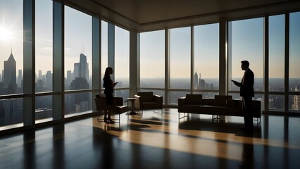 Modern office lounge city skyline penthouse Silhouettes business people meeting, sunlight exposure illustration. - obrazy, fototapety, plakaty