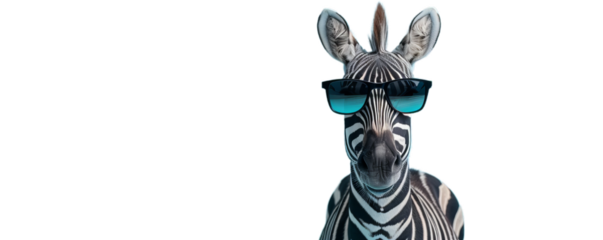 A portrait of the funny and cool zebra with sunglasses, animal from the Safari.