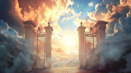 Heavenly gates opening to a divine sunset - This image depicts majestic gates opening to reveal a stunning, divine sunset among dramatic clouds - obrazy, fototapety, plakaty