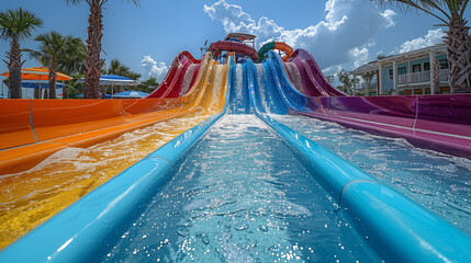 Colorful water slides at a water park in summer - obrazy, fototapety, plakaty