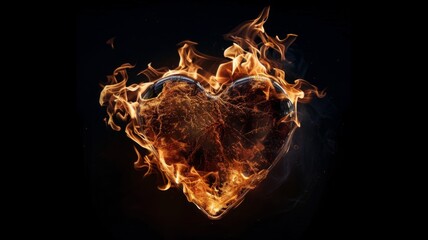 Fiery heart in darkness illustration - A striking illustration of a burning heart engulfed in flames, symbolizing intense passion or consuming love - obrazy, fototapety, plakaty