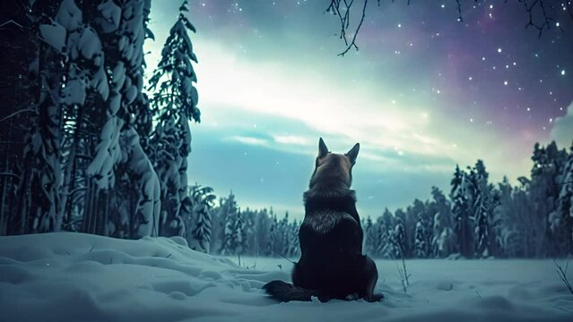 dog sitting in the snow at winter near the fir tree forest and looking at the northern lights aurora borealis in the sky. 
