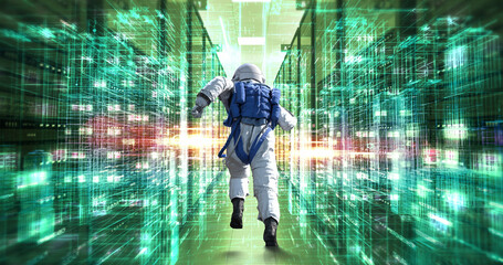 Astronaut Ventures into Tech-Controlled Space Data Center. Technology Related 3D CG Animation.