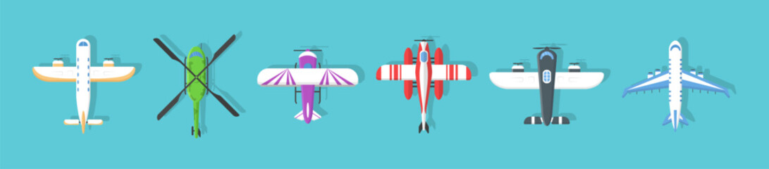 Travel transportation airliner top view. Engine wing vehicle adventure plane concept. Set of flying planes, airplane or aeroplane in flat design. Business aviation transport. Vector illustration. - obrazy, fototapety, plakaty