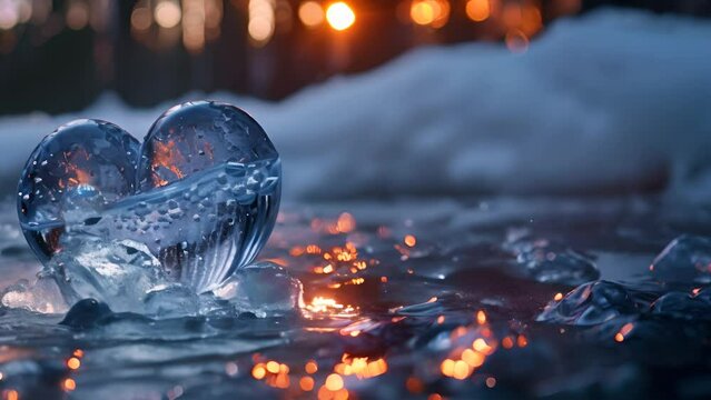 ice heart on winter landscape with sun setting behind the trees. 