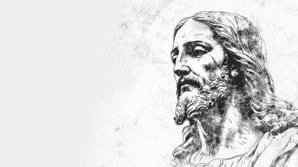 Sketch of Jesus face with soft background - This sketch portrays a serene representation of Jesus Christ with a faded background, highlighting spirituality and peace