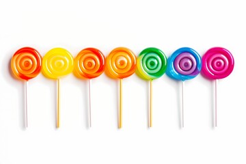 A row of vibrant rainbow-colored lollipops neatly arranged isolated on white solid background - Powered by Adobe