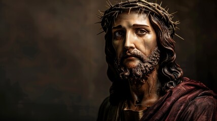 Portrait of Jesus Christ with Crown of Thorns - Dramatic close-up of a Jesus Christ figure with crown of thorns and solemn expression. - obrazy, fototapety, plakaty