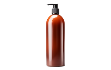 A brown bottle with a black pump, exuding sophistication, sits on a white background