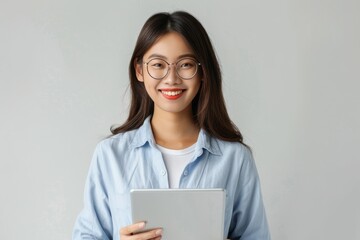 young asian woman, company worker in glasses, smiling and holding digital tablet, standing over white background