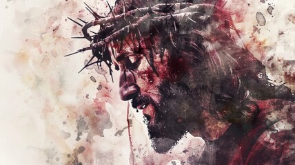 Watercolor portrait of Jesus Christ with thorns - Emotive watercolor portrait capturing a pained expression with thorn crown, symbolizing sacrifice and struggle