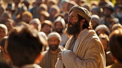 Unidentifiable crowd gathered for a sermon - Photo of a diverse unidentifiable crowd closely gathering, listening to Jesus Preaching