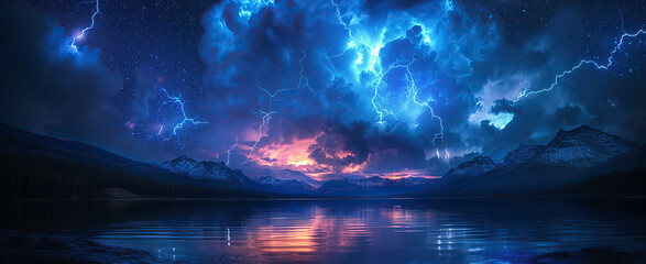 landscape panorama with thunderstorms and lightning flashes in night sky in nature over a lake with mountains - obrazy, fototapety, plakaty