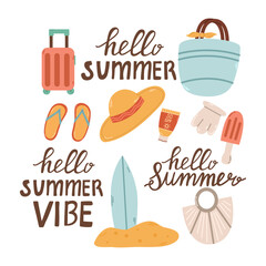 Summer lettering.Happy summer holiday hand drawn phrases, hello sunshine modern calligraphy. Collection Summer hand drawn elements for summer holiday and party.