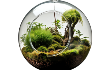 A glass ball filled with lush plants and delicate flowers, creating a miniature botanical world