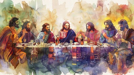 Watercolor of The Last Supper painting - A vibrant watercolor rendition of The Last Supper, depicting Jesus and his disciples dining and conversing - obrazy, fototapety, plakaty