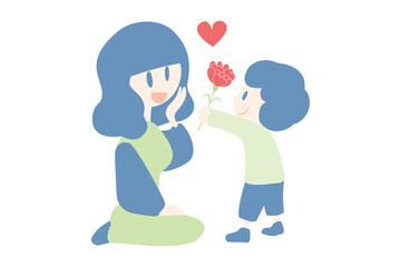 カーネーションをお母さんに渡す子ども　母の日