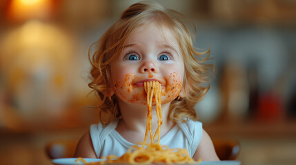 Cute little girl eating spaghetti in the kitchen at home. Healthy food concept
