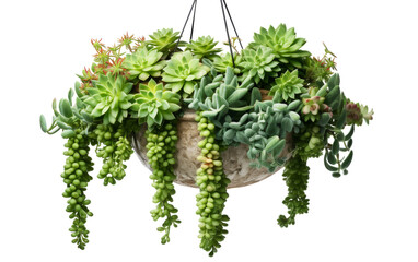 A hanging planter bursts with a lush array of succulents, creating a vibrant and natural work of art