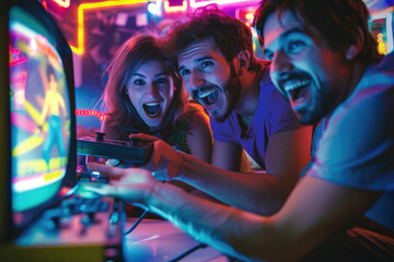 A group of friends playing video games on a retro console, surrounded by VHS tapes and neon lights