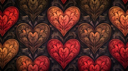 Elegant heart patterns with golden accents - Luxurious heart designs adorned with gold filigree on a dark, ornate background with a vintage feel