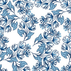 Fototapeta premium Blue Monochrome Floral Branches Vector Seamless Pattern