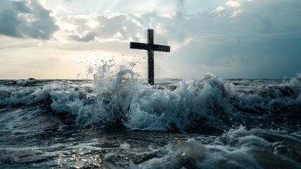 Dynamic ocean waves crashing on cross - Powerful image of a cross standing firm as turbulent ocean waves crash around it, symbolizing resilience and faith