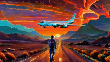 A lone traveler heads towards an airplane in a dramatic sunset landscape, symbolizing a journey into the unknown.. AI Generation