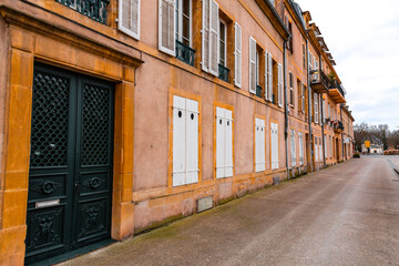 Street view and typical french buildings in Metz, France