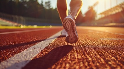 Running athlete on a track at sunset - The close-up of a runner's feet on a track implies determination, speed, and the pursuit of fitness goals - obrazy, fototapety, plakaty